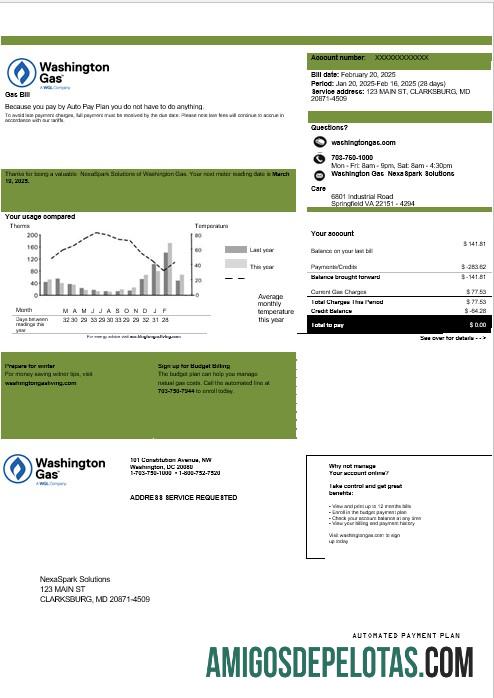imprimível Modelo de conta de serviços públicos dos EUA Washington Gas (WGL) em formatos Word e PDF